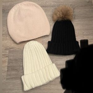 NWOT SET OF 3 KNIT BEANIE BLACK POM POM , WHITE, FUZZY CREAM